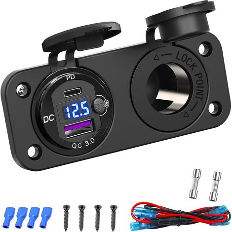 12-Volt-USB-Zigarettenanzünderbuchse: PD 20W C und QC3.0-Autoanschluss, 12-V-Metallbuchse aus Aluminium, 150-W-Ladepanel mit Netzschalter und LED-Voltmeter (1/5)