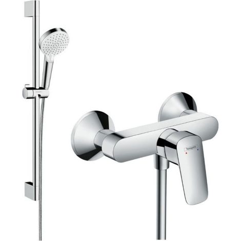 Hansgrohe – Ensemble de douche mécanique mural 2 trous – Mitigeur Logis avec clapet anti-retour – Pommeau rond 2 jets – Technologie QUICK CLEAN