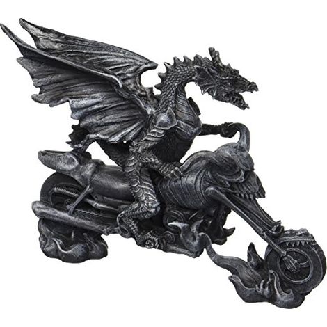 Design Toscano CL52102 Statua Drago Biker su Chopper Scheletro, Grigio, 20.5x7.5x16.5 cm (1/3)
