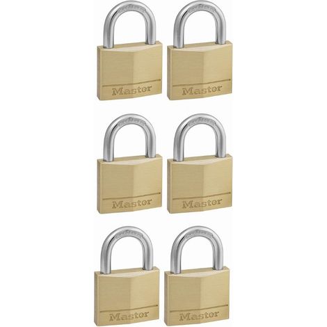 Master Lock 140EURSIX Lote de 6 Candados de Ancho con Cuerpo de Latón Macizo con Arco Largo, Dorado, 6 x 4 x 1,3 cm (1/4)