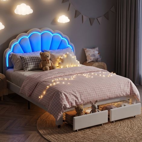 Lit Simple 140x200 cm avec sommier, Lit Enfant avec Tiroir de Rangement et Tête de Lit LED - Lit fille design pétale, tête de lit coquillage réglable, flanelle, Blanc (1/5)
