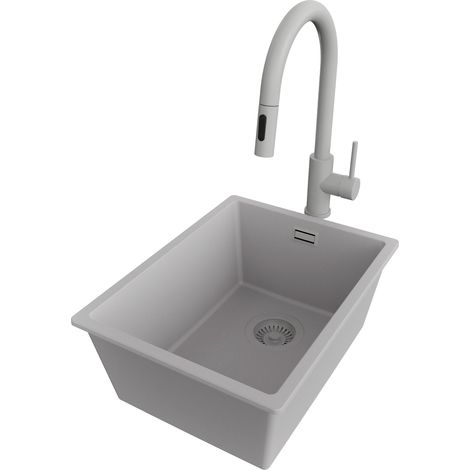 PRIMAGRAN Evier Sous Plan 36x47cm,Evier en Granit 1 bac + Robinet 40x20cm + Kit de Vidage, Évier au meuble 40cm - London, Gris (1/5)