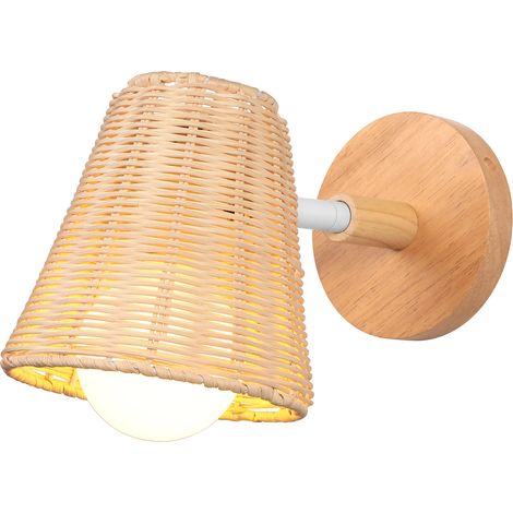 Lampe de Chevet Vintage Applique Murale Intérieur en Bambou et Rotin Applique de Mur Style Champêtre Rustique avec Socle en Bois Massif 27 pour Salon Couloir Balcon 1PCS (1/5)