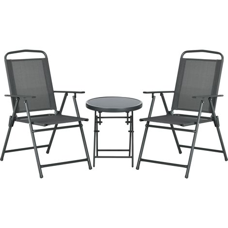 3-teiliges wetterfestes Bistro-Set aus Metall mit klappbarem Glastisch und anthrazitgrauen Gartenstühlen
