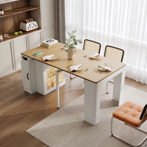 Isola cucina estensibile 83x39.6x149.6 cm bianco e naturale in MDF e vetro con LED e ruote (1/5)