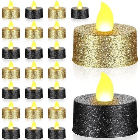 24 Pièces Bougies Chauffe-Plat LED à Paillettes Dorées Bougies sans Flamme Noires Bougies Chauffe-Plat Votives à Piles avec Lumière Jaune Chaude pour Noël Mariage Centre Table Anniversaire (1/5)