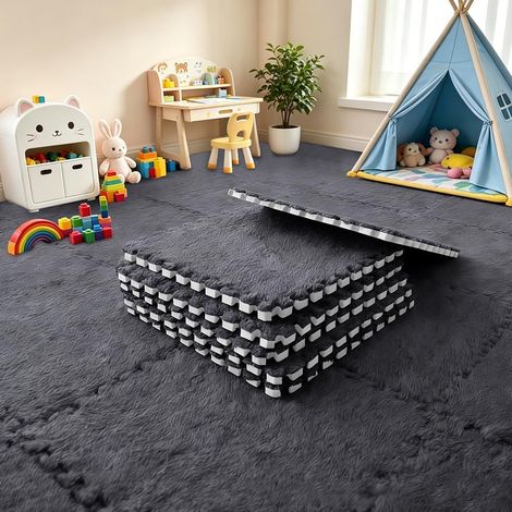Lot de 12 dalles de sol emboîtables en mousse en peluche - 30 x 30 cm - Pour salon et chambre à coucher - Tapis de jeu doux - Carreaux de sol en mousse emboîtables (noir) (1/5)