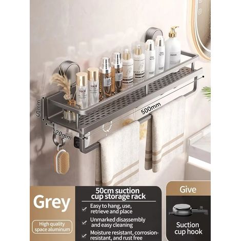 Étagère de rangement murale pour salle de bain (tige grise de 50 cm) avec ventouses puissantes, organisateur en aluminium sans perçage pour les articles de toilette et de douche. (1/5)