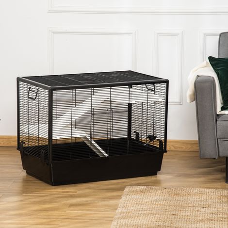 Meerschweinchenkäfig mit Griff, Wassertank, Rampe und Schale, 80 x 48 x 58 cm, Schwarz (1/5)