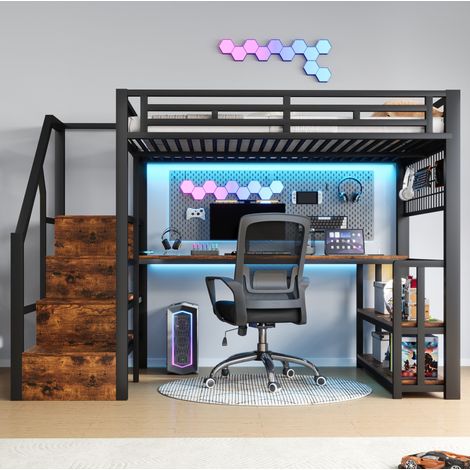 Lit mezzanine 140 x 200 cm en métal et MDF noir, avec bureau, étagères, escalier de rangement, grille suspendue, LED, 2 ports USB et port Type-C – de FLORAGRACE (1/5)