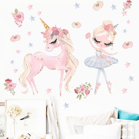 Ensemble de 2 papiers peints décoratifs muraux pour chambre d'enfant, motif licorne cartoon et fleurs étoilées, style urbain, pour salle de danse ou espace jeu, décoration murale ludique. (1/5)