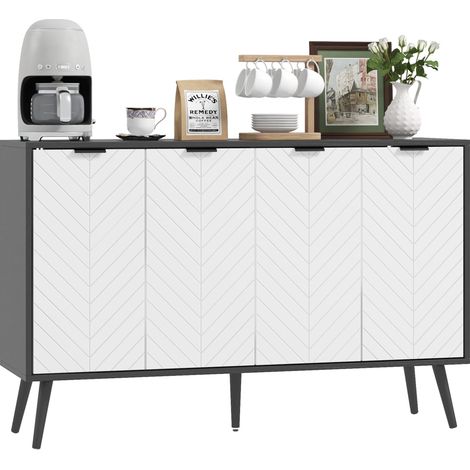 Buffet 4 portes, buffet de salon, étagères réglables, pieds en bois pour la cuisine, blanc et noir, 120 x 35 x 77,4 cm (1/5)