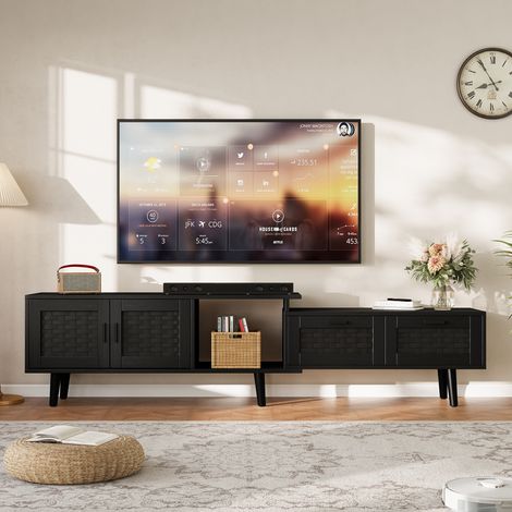 Meuble tv, Meuble tele, Meuble TV Extensible – Meuble Télé en Bois avec Design en Imitation Rotin – Fonctionnel et Élégant, Idéal pour Tout Style d’Intérieur (1/5)