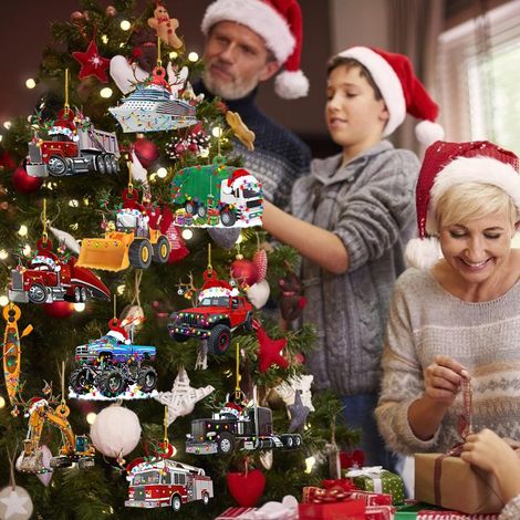 Décoration de Noël en bois : camion, péniche, excavatrice, camion de pompiers, jeep, pendentif à suspendre pour les fêtes de fin d'année en famille. Cadeau idéal pour les fêtes de Noël en famille. (1/5)
