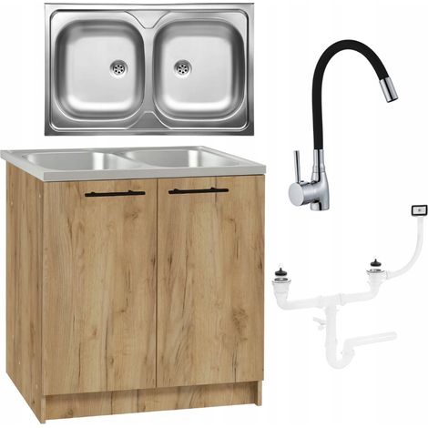 STAMAR  Küchenschrank 80 cm - Eiche gold - 2 Becken Spüle - Flexibler Wasserhahn - Einfache Montage