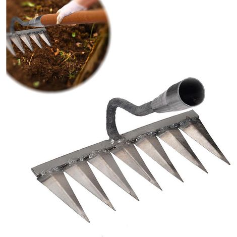 Gartenrechen, Unkrautrechen mit 7 Stahlzähnen, Hand-Gartengeräte, manueller Rasenlüfter, Gartenhacke, Gartengeräte zum Säen, Jäten, Auflockern von Erde (ohne Stiel)