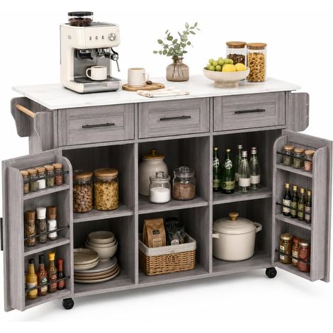 FurnitureR Grey White Kitchen Island 139x46x91.5cm with 3 Drawers (1/5)
