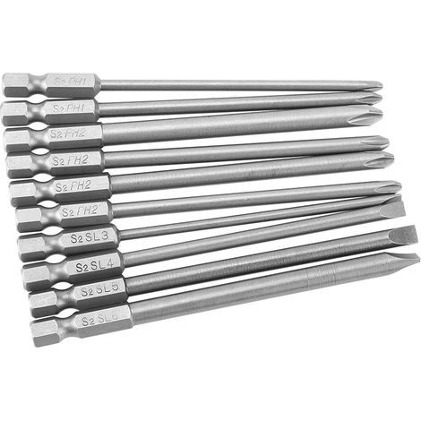 Set mit 10 Kreuzschlitzschraubendreher-Bits aus S2-Stahl, PH1 und PH2, Schlitz, 1/4-Zoll-Sechskantschaft, 100 mm (1/5)