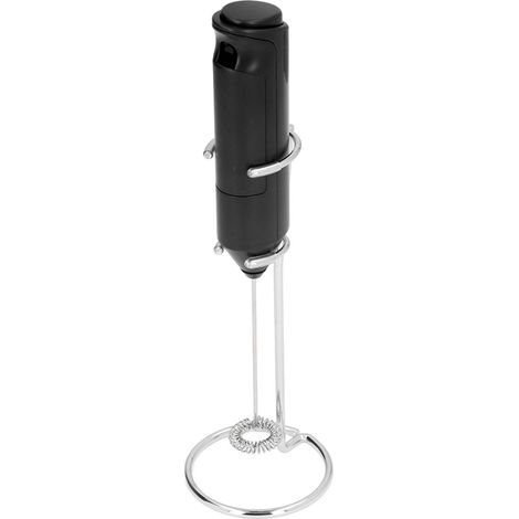 Tragbarer elektrischer Milchaufschäumer aus mattem Edelstahl, leiser Mini-Getränkemixer mit schwarzem Metallsockel und Ständer. (1/5)