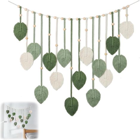 Decoration Murale Boheme, 12075 cm Tapisserie Murale, Macrame Mural Fait Main Feuille, Grande Tapisserie Tissée avec Perles en Bois et Feuilles, pour Chambre, Salon, Chambre D'enfant (Vert) (A) (1/3)