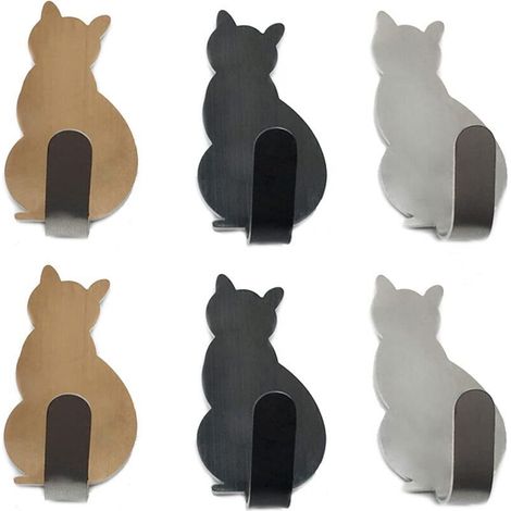 Set of 6 stainless steel towel hooks with small cat designs, decorative wall hooks for home, kitchen, bathroom, office storage, no nails required (1/4)