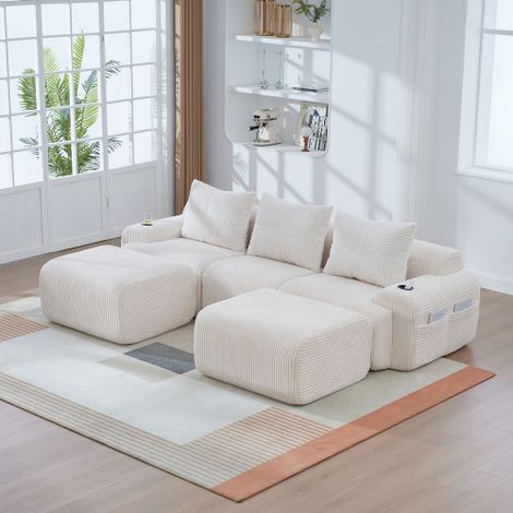 Canapé modulaire 3 places avec 2 poufs, porte-gobelet et poche latérale, beige, en velours côtelé, 268x174x80 cm (1/5)
