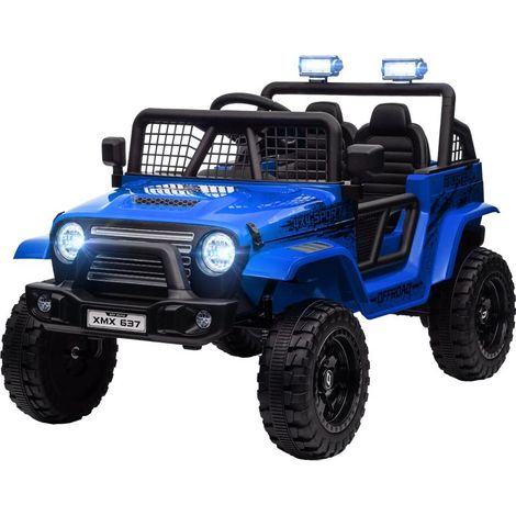 Voiture électrique pour enfants avec suspension souple, télécommande, phares LED, klaxon, moteurs 12 V, en plastique et métal, bleue
