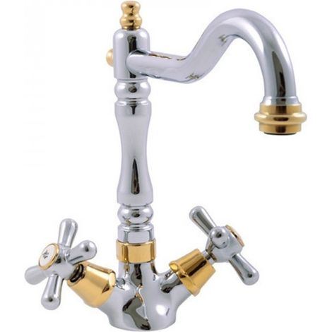 Mélangeur lavabo MORAVA RETRO pivotant en laiton chromé doré (1/3)