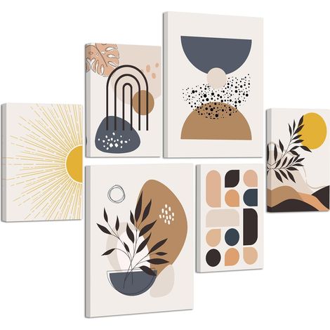 6 Sets of Boho Orange Géométrique Cercle Tableau Decoration Murale avec Cadre, Minimaliste Soleil Plantes Toile Peinture Abstrait Impression sur toile Posters Déco Murale pour Salon Chambre Cuisine (1/5)