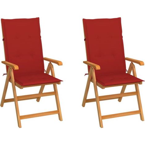 Deux chaises de jardin avec coussins rouges. En teck massif. (1/5)