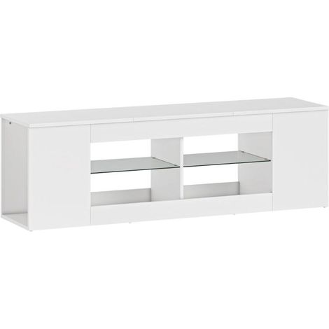 Meuble TV 140 cm, 6 compartiments, 2 étagères en verre, panneaux de particules, blanc (1/5)