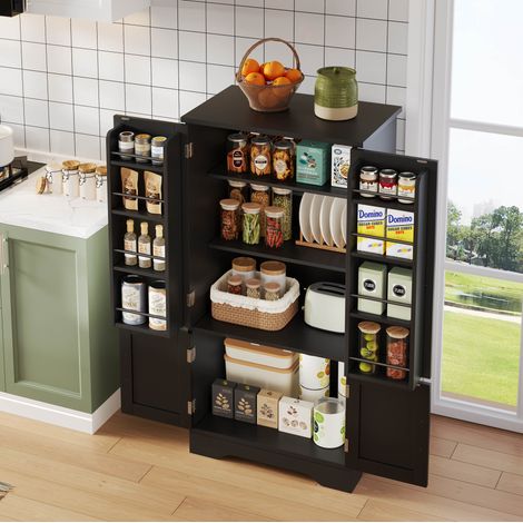 Hochschrank (120x60x40 cm), mit LED Sensorlicht, verstellbaren Einlegeböden und Türregal, MDF, schwarz (1/5)