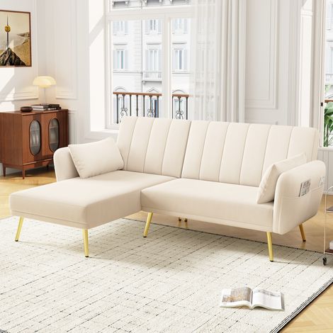 Divano angolare letto 191.5x130x80 cm, schienale reclinabile a 3 posizioni, penisola reversibile, velluto beige (1/5)
