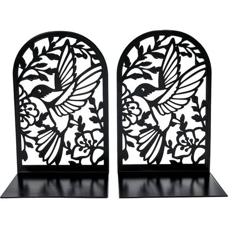 Sujetalibros Premium: robustos topes de metal para libros, ideales para la oficina en casa o como soporte decorativo estanterías (Colibrí, Negro) (1/4)