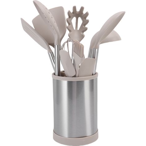 Ensemble d'ustensiles de cuisine, spatule en Silicone SUS antiadhésive, cuillère à fente, écumoire, serveur de pâtes, louche, fouet, spatules, brosse avec support à ustensiles rotatif (1/5)