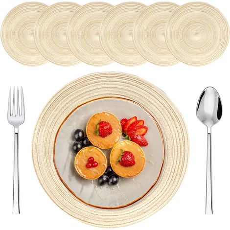 Lot de 6 Sets de Table Ronds, Set de Table Rond Lavable, Sets de Table Tissés en Coton Résistantes, Résistantes à la Chaleur Antidérapant, pour Mariage, Noël, Fête, Cuisine Diametro 30 cm (Beige)