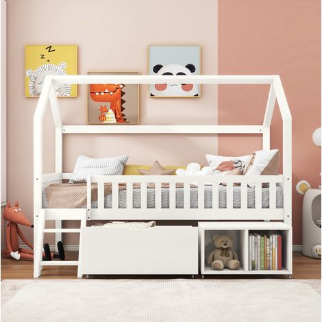 Kinderbett Hausbett 90x200 mit Stauraum Massivholz Weiß OKMYHOME (1/5)