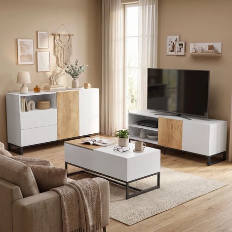 Buffet de salon chêne et blanc, armoire de rangement 2 portes amorties, 2 tiroirs, étagère ajustable, meuble TV (1/5)