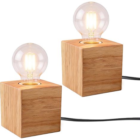 Lot de 2 lampes de chevet cubiques en bois avec douille E27 et interrupteur à cordon lampes de table pour la chambre, le salon, le bureau, le studio, un café ou un bar (1/5)