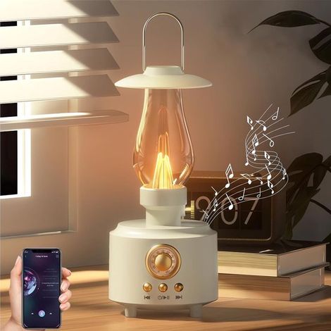 Lámpara de mesa vintage de queroseno con altavoz Bluetooth，luz nocturna impermeable IPX4 para camping，decoración del hogar，regalo (blanco)