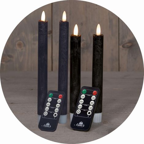 Coffret rentable bougies bâton LED avec minuterie petite + grande NOIRE 4 pièces intérieur - 6 heures - VRAIE CIRE 18cm + 23cm hauteur pour bougies