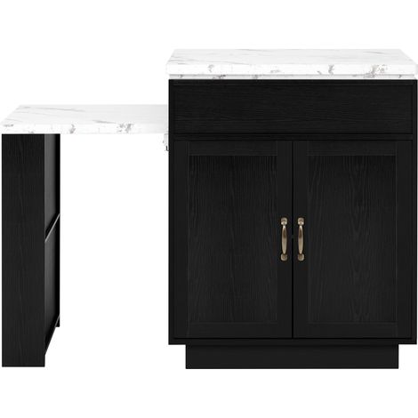 Isola da cucina estensibile con ruote, piano bianco effetto marmo e struttura nera (1/5)