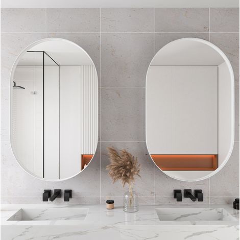 Armadio a specchio ovale 85x51,5x12 cm in metallo bianco con contenitore – MEUBLIV (1/5)