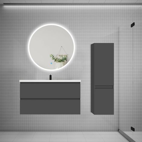 Ensemble meuble vasque L.99cm 2 tiroirs + lavabo + LED miroir rond 90cm + colonne B,anthracite (1/5)