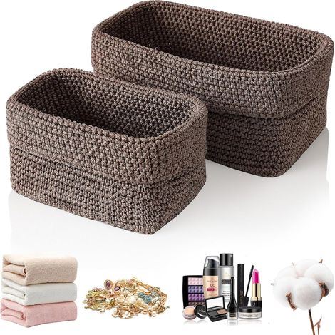 Paniers au crochet, lot de 2, empilables, paniers de rangement pour salle de bain et chambre à coucher, adaptés aux serviettes, cosmétiques, jouets, bijoux, etc. (marron) (1/5)