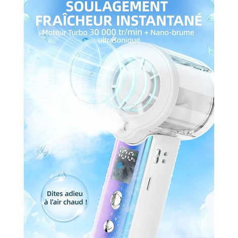 Ventilateur Portable Brumisateur– Écran LED, 3000mAh–Avec Fonction Power Bank Lampe de Poche–Pour Voyage, Bureau, Extérieur (Blanc) (1/3)