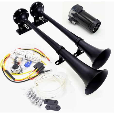 Klaxon de voiture 160db Car air Horn 24V Noir Chrome Zinc Double tube Trompette Camion Klaxon électrique Klaxon d'alarme Haut-parleur de voiture avec pompe à air pour 24V Camion SUV bateau etc (1/5)