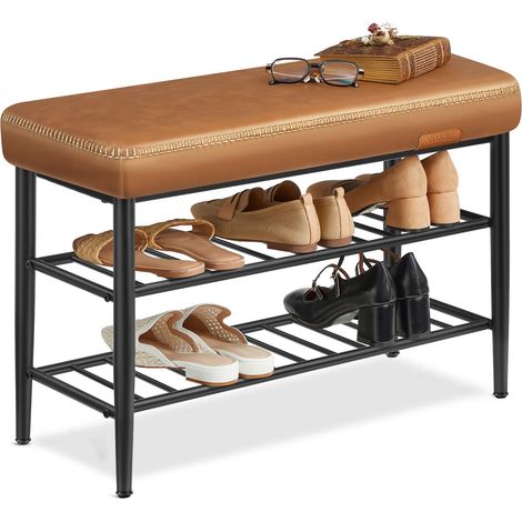 Banc à Chaussures, Banc de Rangement, Meuble d’Entrée, PU avec Coutures, Style Moderne Mi-siècle, Charge 135 kg, 30 x 80 x 50 cm, Marron Caramel LSB054KN01 (1/5)
