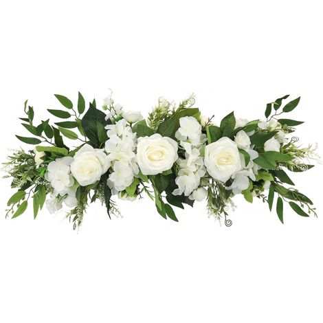 Décor floral artificiel Guirlande de roses blanches en plastique et tissu 65x16cm Pour porte, mur et événements