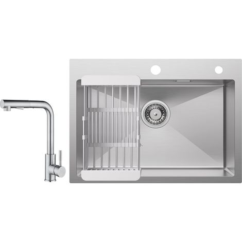 Cecipa Lavello da cucina 1 vasca 60×45×18 cm Lavello da cucina in acciaio inox 304 spazzolato con cestello di scarico + Miscelatore da Cucina con Doccetta Estraibile - 2 Getti a Scelta - Spazzolato (1/5)